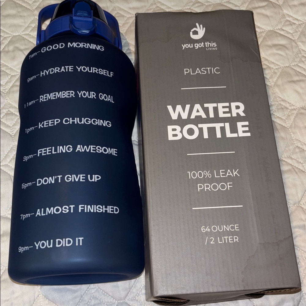 Motivational Large Water Bottle with Straw and Handle Blue 64Oz NWT
